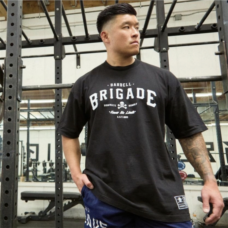 BARBELL BRIGADE 100% Cotton Men's Muscle Loose Fit T-Shirt Bodybuilding Fitness Oversized Gym Sports Shirt Training Top For Men