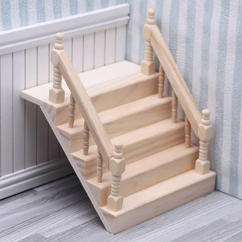 1:12 Dollhouse Miniature Wooden Handrail Staircase Scene Plain Stairway Models Mini Stair Furniture Room Decor