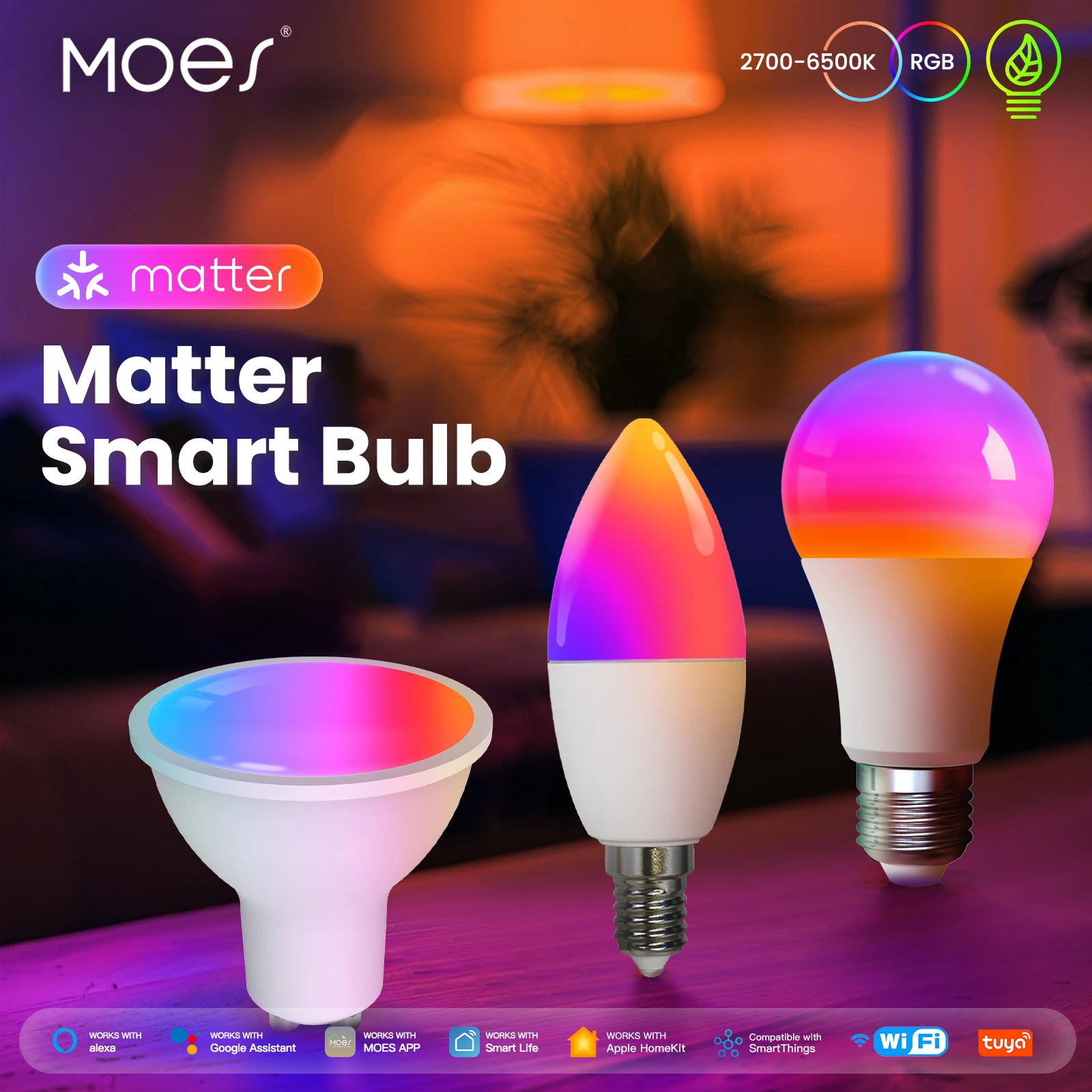 Tuya Matter WiFi Smart Bulb Dimmable LED Light 16 Million RGB Colors GU10 E27 E14 Candle Lamp Voice Control Alexa Home