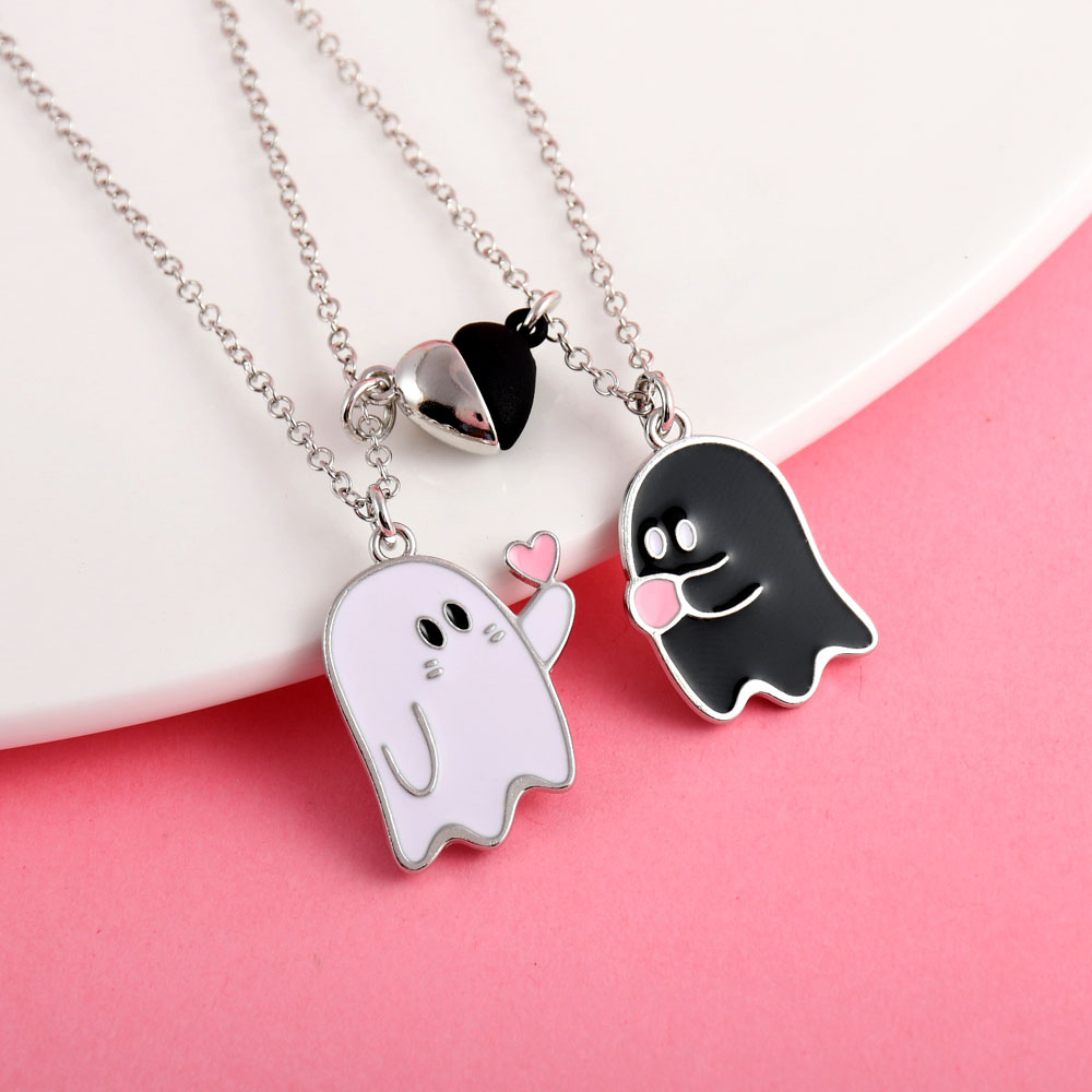 Luoluo&baby 2Pcs/set Cute Black White Ghost Finger Heart Best Friend Necklace for Women Fashion Friendship s