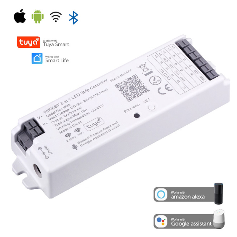 WiFi 5 in 1 LED Controller Tuya Alexa Home Voice Control RGB RGBW CCT Led Strip Dimmer Blue tooth APP RF Remote 12V 24V