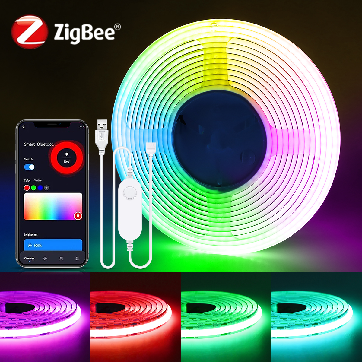 Zigbee 3.0 Tuya Smart 5V USB RGB COB LED Strip Light 576LEDs/M Dimmable Voice Control Work with Alexa Echo Home Assistant lightify