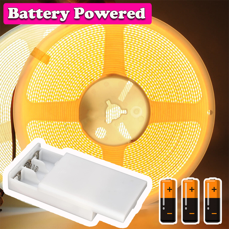 3AA Battery Powered 5V COB LED Strip Light 8MM High Density Flexible Tape for Cabinet Lighting