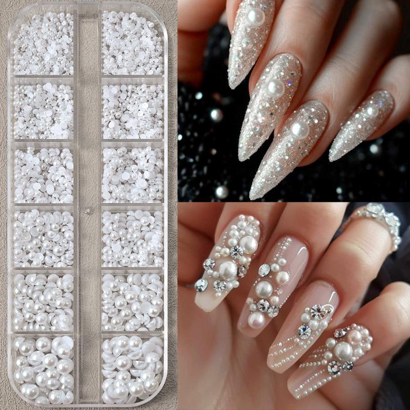 NEW SALE 12 Grid Mixed Flat Bottomed Pearl Half Round Rhinestones 3D Nail Decoration Nail Jewelry Nail Charm Manicure Art
