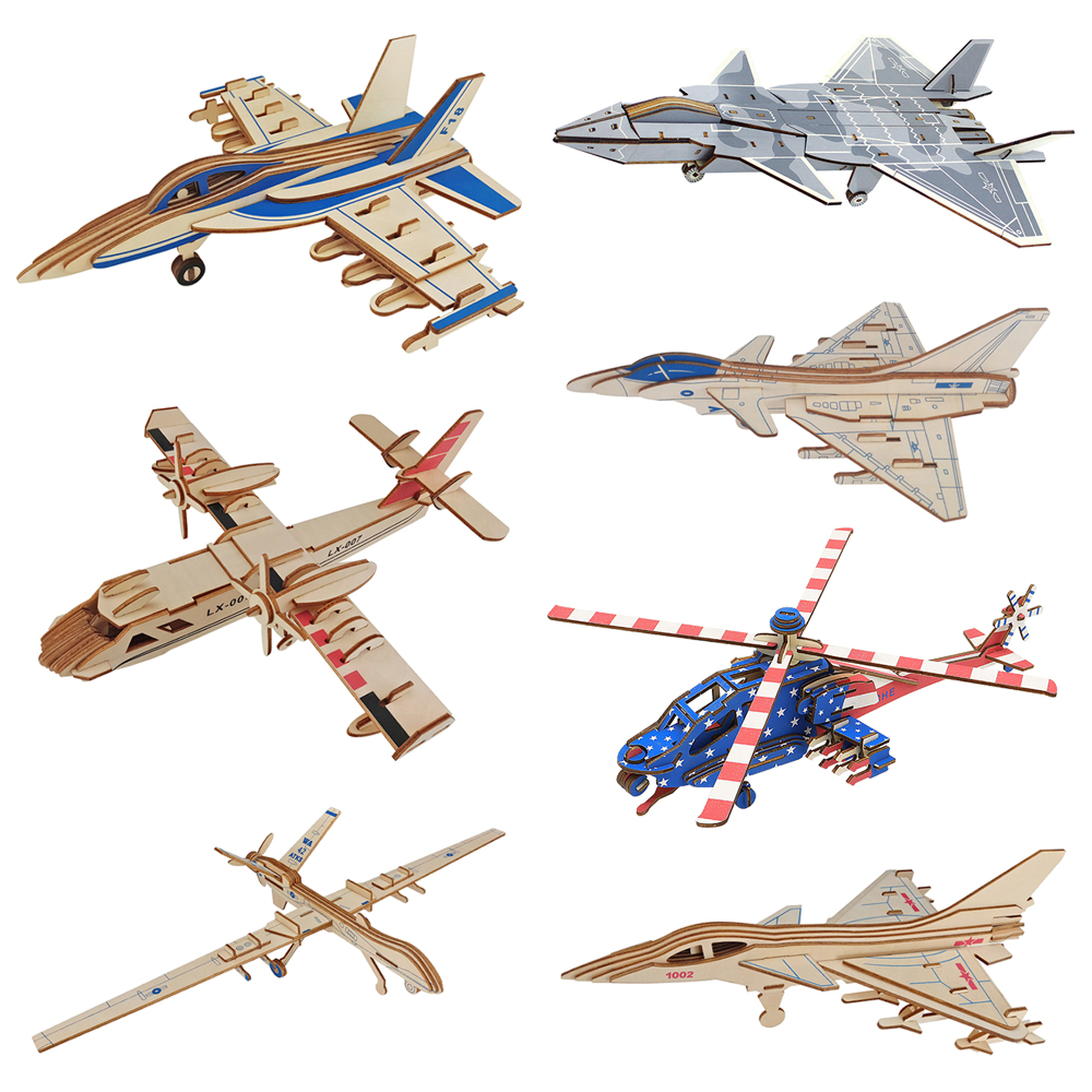 DIY Wooden 3D Fighter Jigsaw Puzzle Kit Handmade Airplane Model Assembly Toy for Children Kids Flying Plane Craft