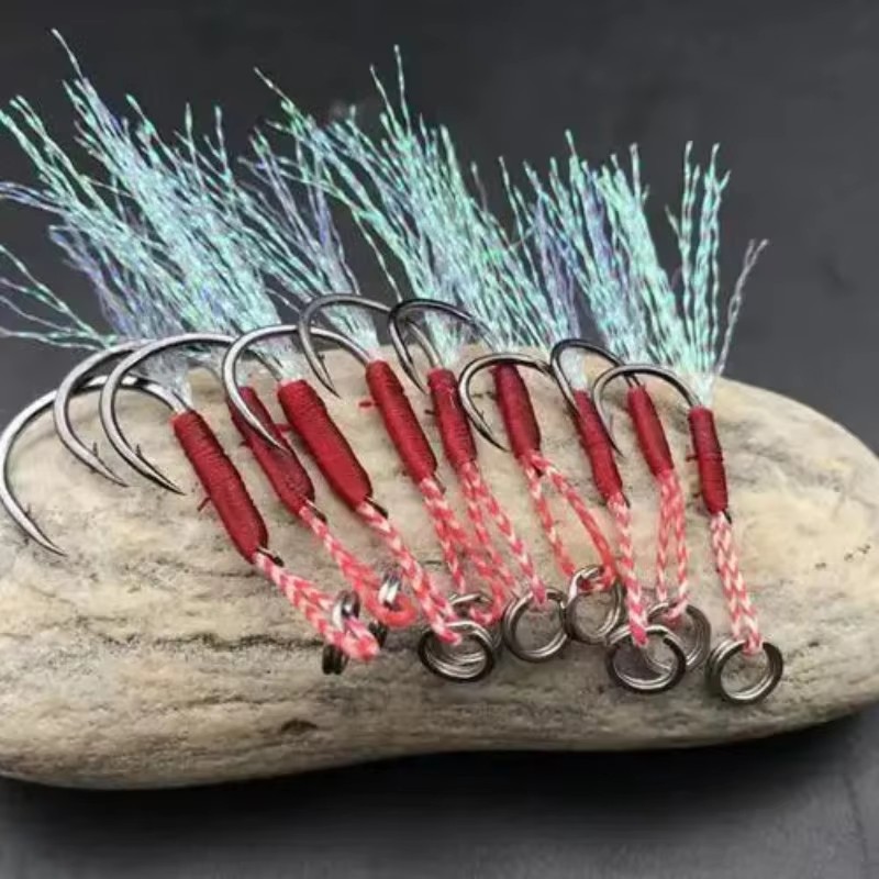 10/20/40/60pcs Metal Jig Tail Assist Hook Fishing Lure Slow Jigging Fishing Cast Barbed Single Hook PE Line Feather Split Ring