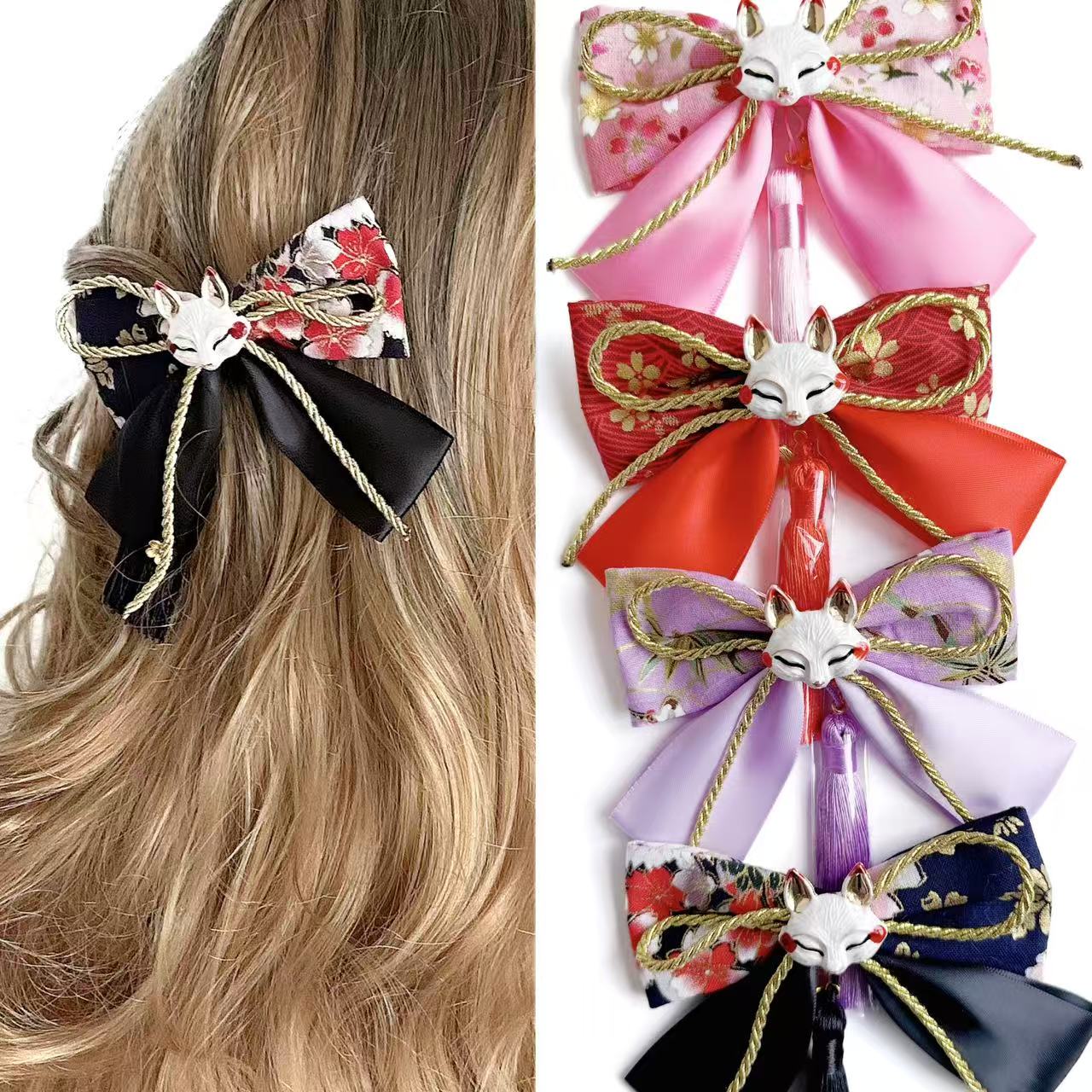 1Pc Handmade Japanese Style 3d Fox Designed Hairpin, Bow and Tassel Deco Hairclip, Traditional Headwear Hair Bun Styling