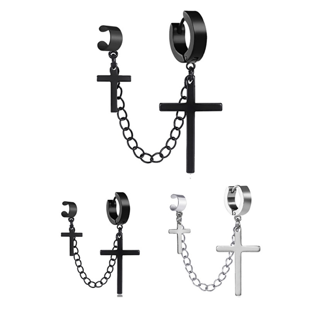 1pairs Black Stainless Steel Punk Earring - Two Cross Tassel Chain Drop Small Hoop Clip on Ear Cuff for Men and Women
