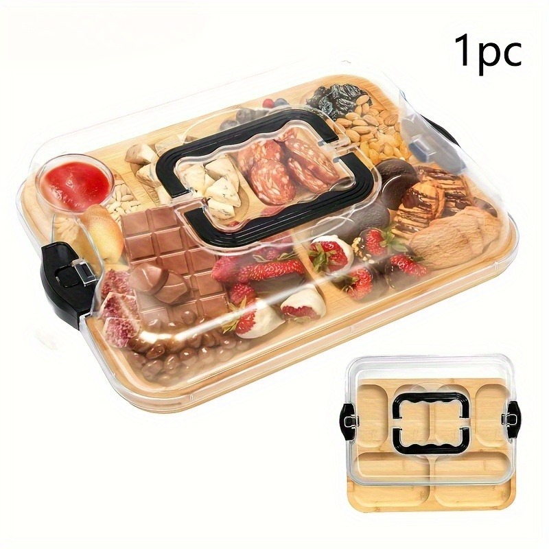 Stylish Natural Bamboo Cheese Tray - 1pc with Snap-On Acrylic Lid! Easy-Clean Party Serving Platter & Charcuterie Organizer