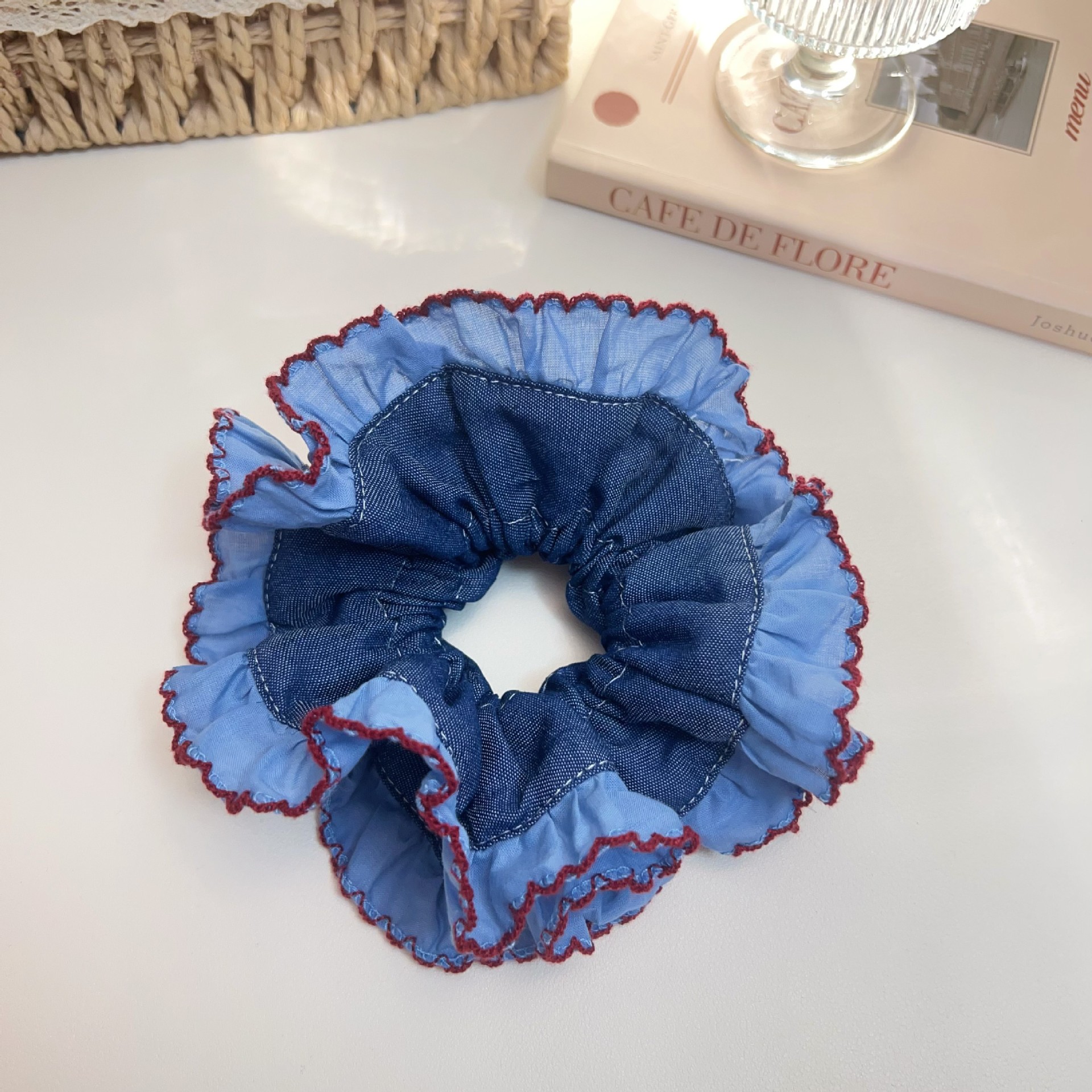 1PC Blue Color Block Retro Large Intestine Headband for Woman and Girls Red Edged Denim Fabric Double Layered Headband Hair Ties