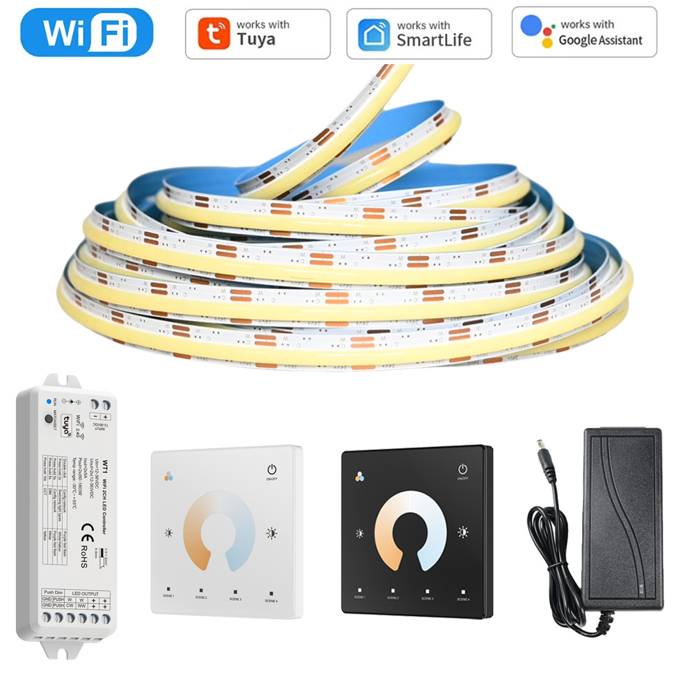 5M 10M Tuya WiFi COB CCT LED Strip 24V Dual White Room Light 2700-6500K 2.4G RF Dimming Touch Remote for Alexa Assistant