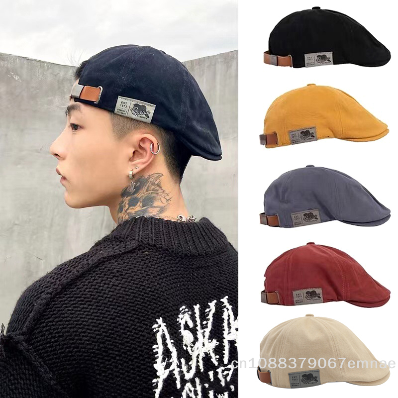 [ZYAS]2025 New Men's Vintage Linen Fashion Hip Hop Solid Beret Side Label Women's Hat Vintage Beanie Crowd Style Sun Beret