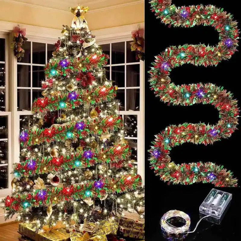 1pc Tinsel Garland Metallic Shiny Garland With LED Lights Tree Garland Thick Hanging Suitable For Home Decor