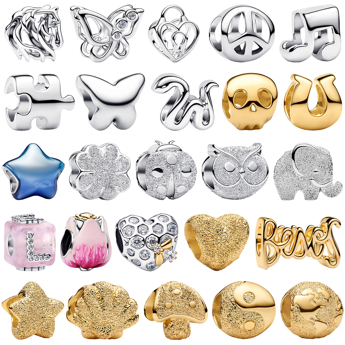 925 Silver Hollow Polished Glitter Finish Owl Elephant Pavé Butterfly Beads Metallic Cute Animal Chrams Fit DIY Bracelet Jewelry