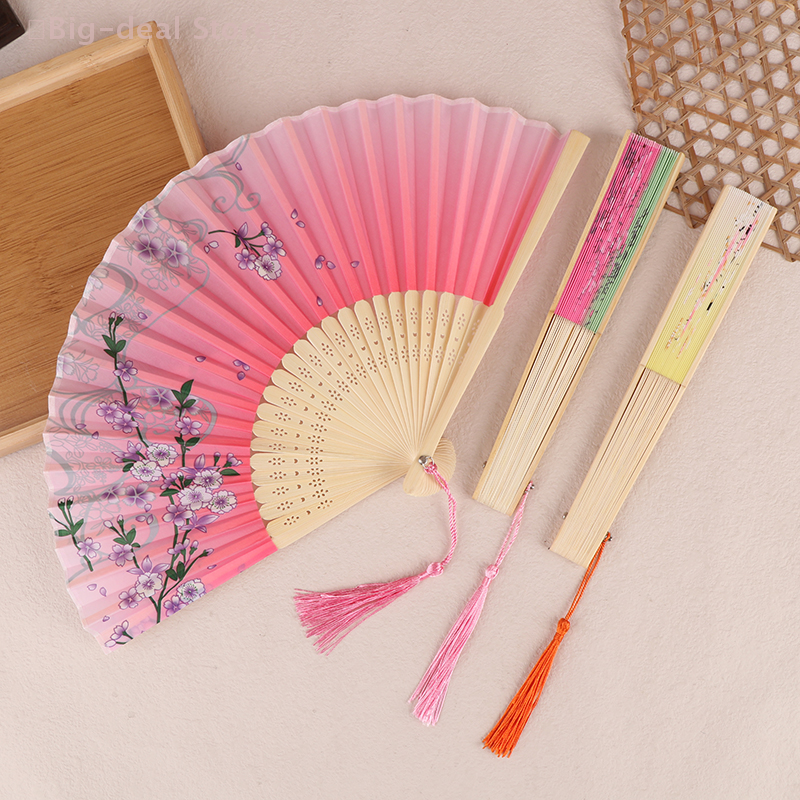 【M】Vintage Printed Silk Folding Hand Fan Tassel Chinese Bamboo Fans Women Dance Performance Props Home Decoration Ornaments