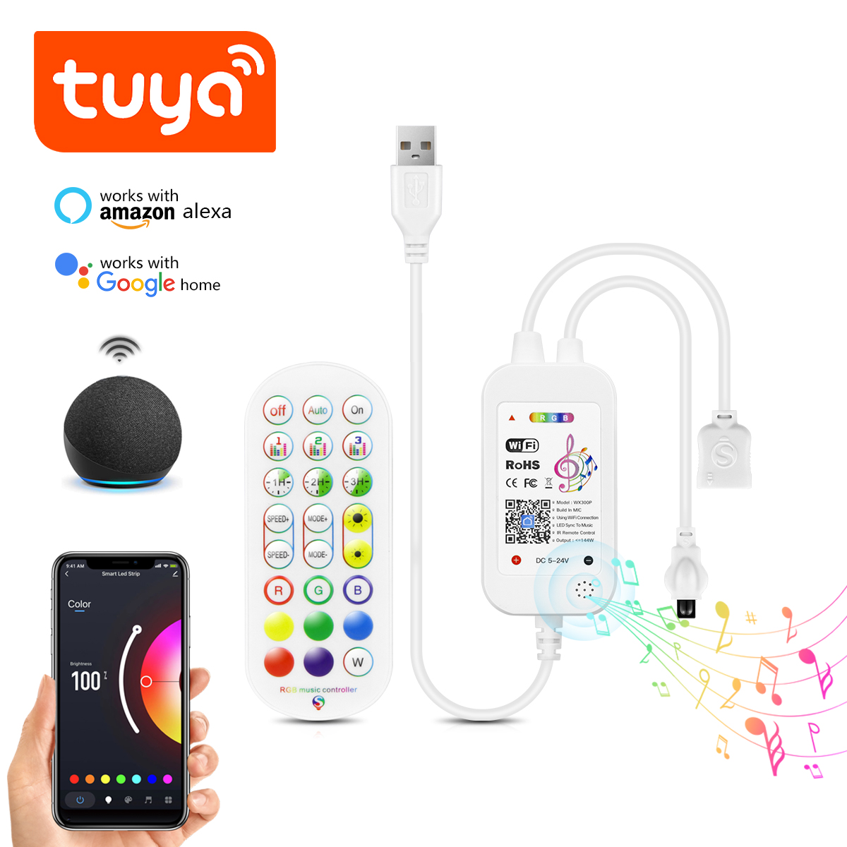 Tuya Wifi LED Strip Light Controller DC 12V~24V For Single Color/ RGB LED Strip Lights Work with Alexa Home
