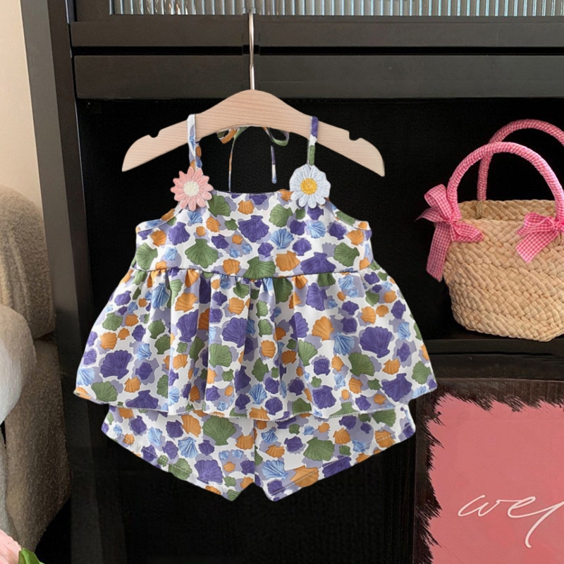 Summer Baby Clothes Set Flower Sling Top with Sea Shell Printed Shorts Two Pieces Set for Kids