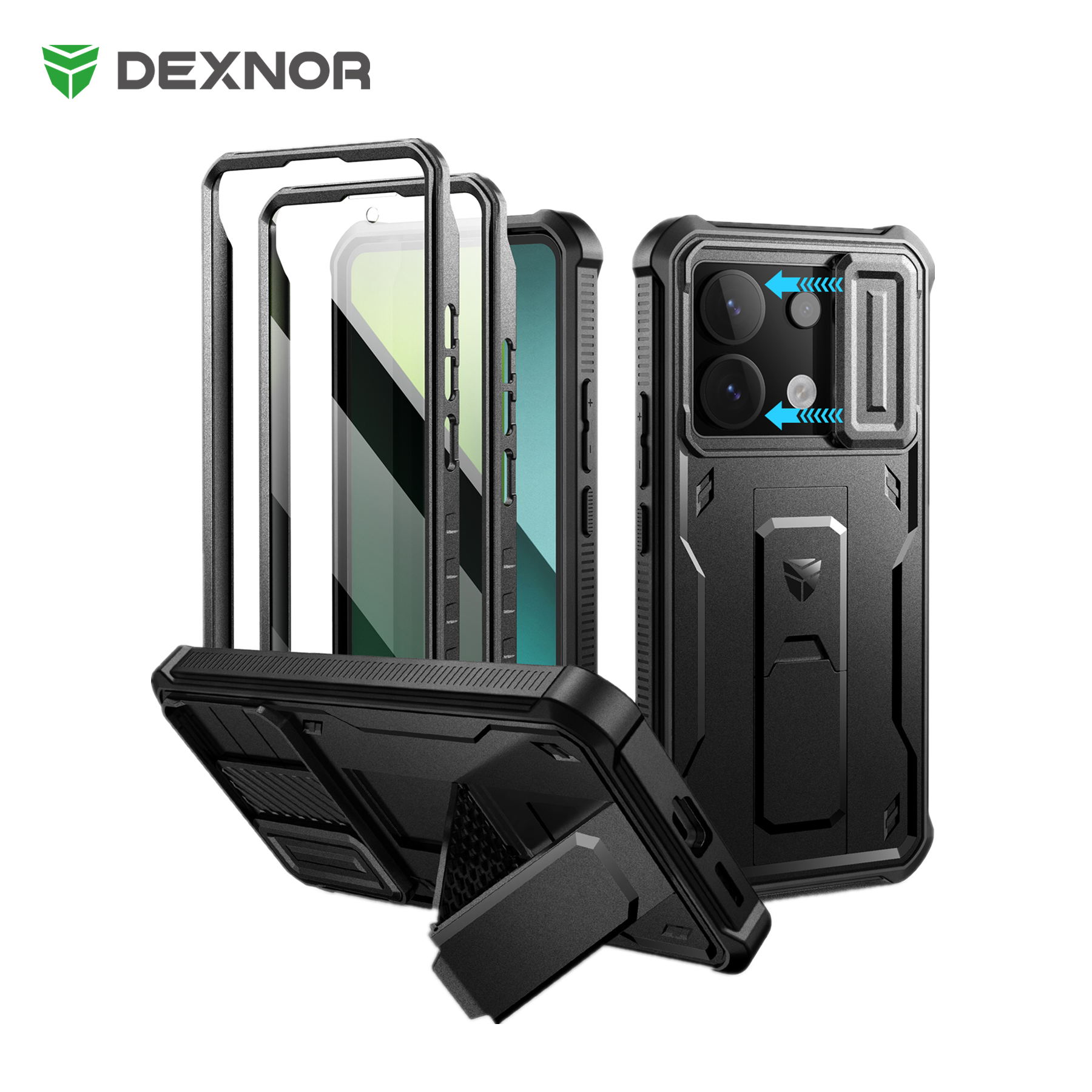 Dexnor For Redmi Note 13 Pro 5G Case Full Body Rugged Shockproof Case with Camera Cover and Built-in Screen Protector Kickstand