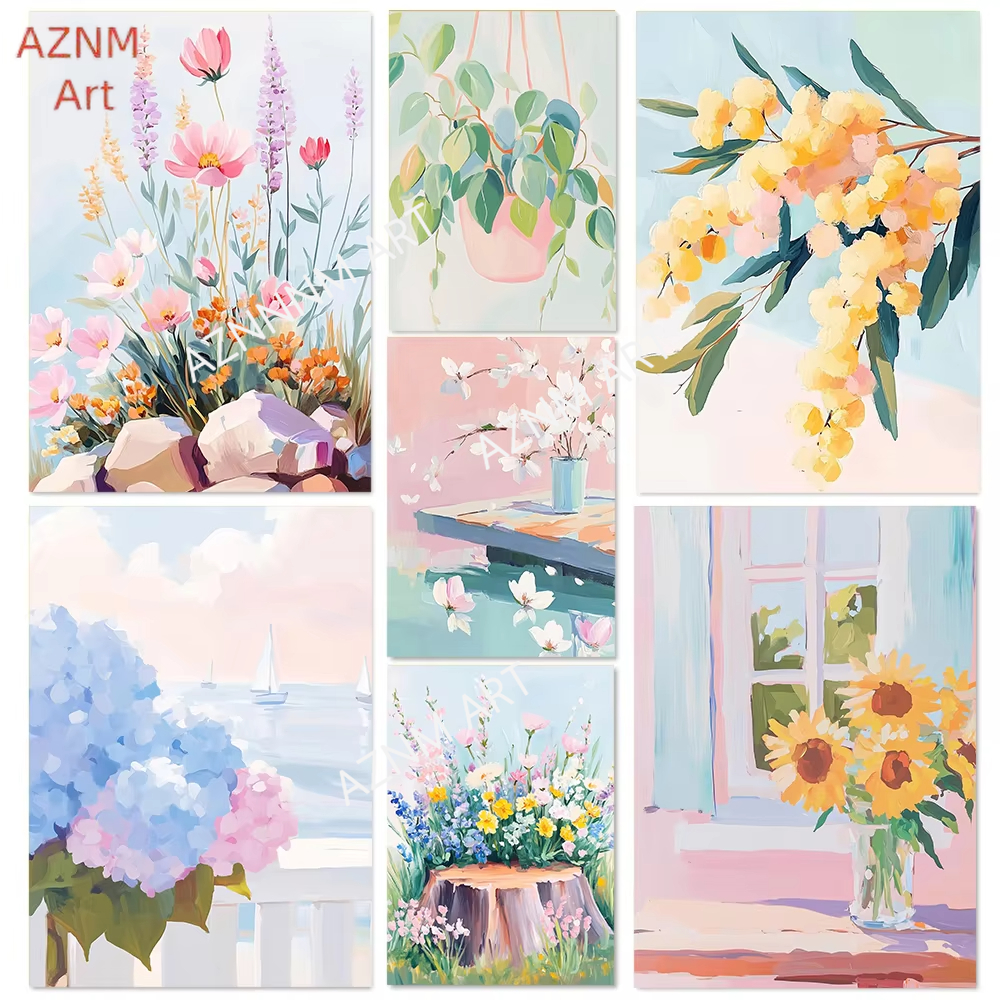 Spring Romantic Color Oil Painting Plants Flowers Art Illustrations Posters Canvas Printing Caf é Gallery Home Wall Decoration