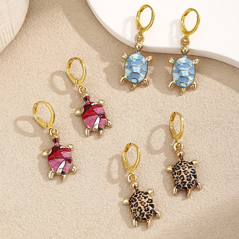 Cute Enamel Leopard Print Red Blue Sea Turtle Huggie Earrings For Women Summer Beach Ocean Jewelry