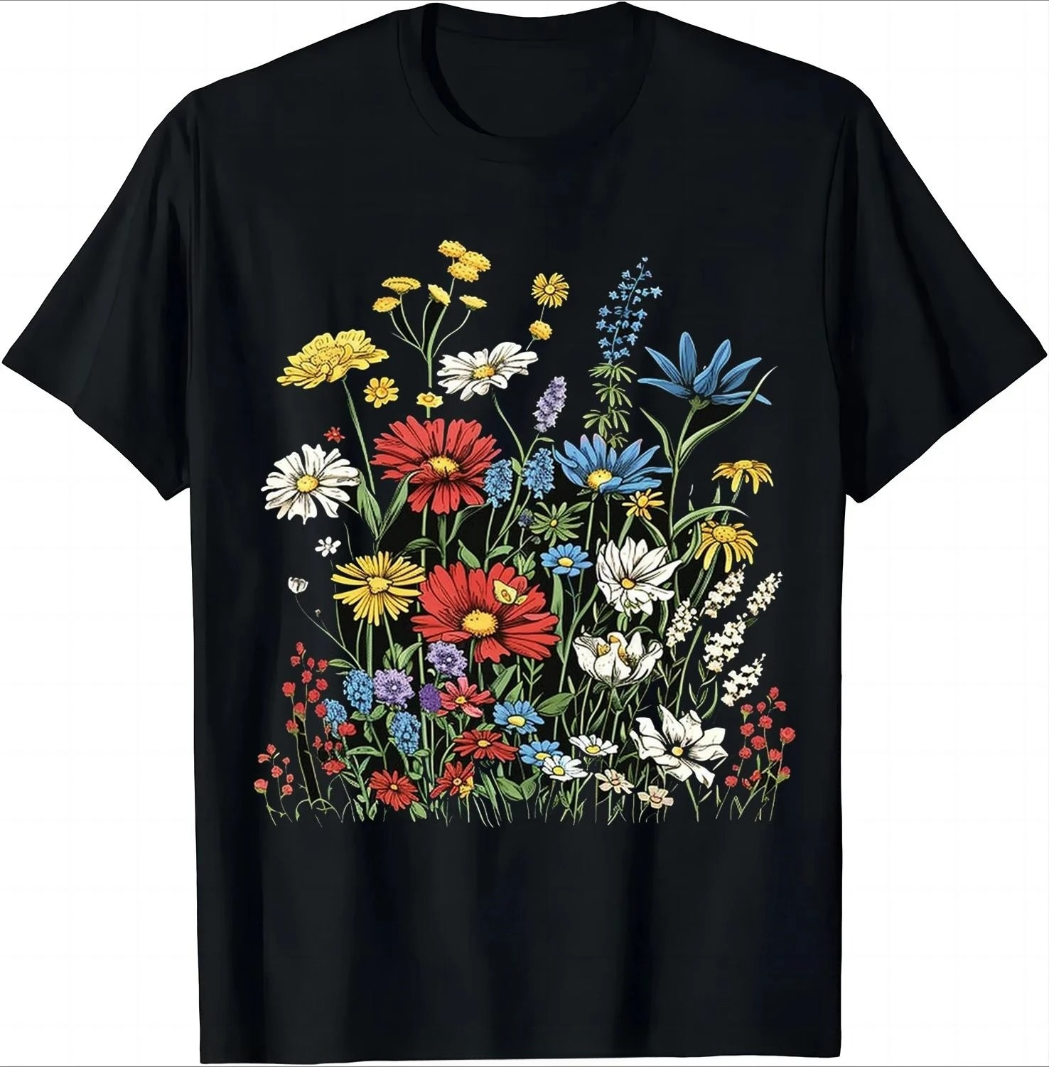 Stylish Black T-shirt Adorned with Colorful Floral Patterns To Showcase Individuality. Women's Casual T-shirt.Summer Streetwear