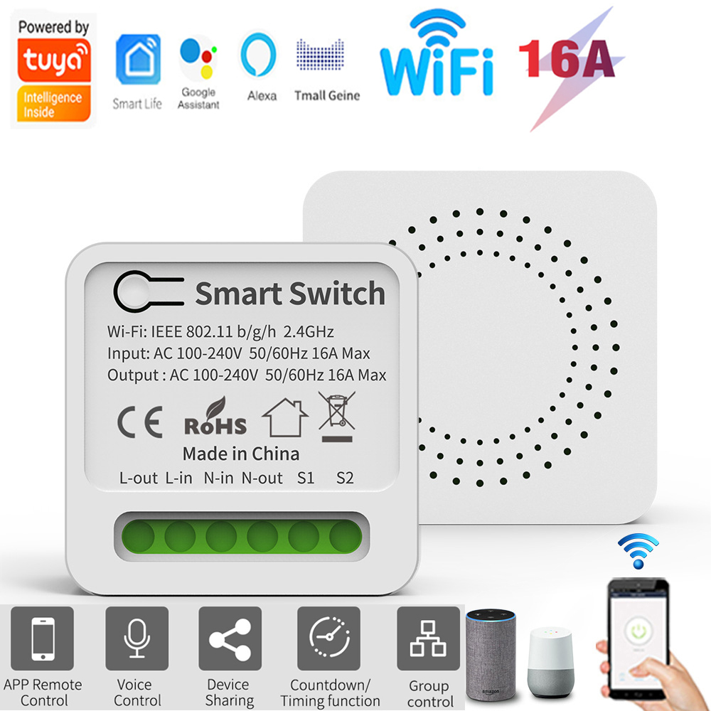16A Tuya Smart WiFi Switch Support 2-Way DIY Switches Mini Smart Breaker Smart Life Control Support Alexa Alice