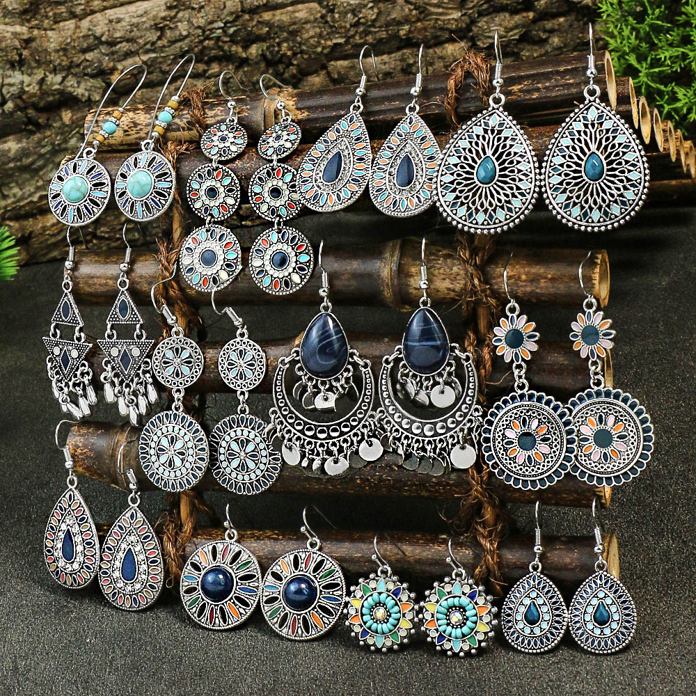 Blue New Alloy Earrings Turquoise Inlaid Bohemian Retro Geometric Round Multi Layered Design Vacation Party Versatile