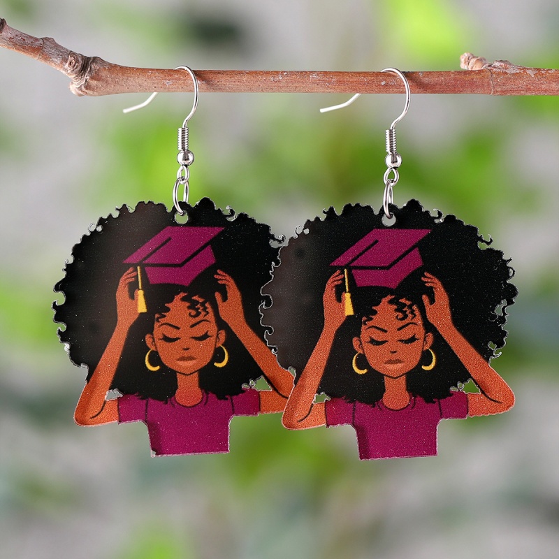 1 pair of back-to-school graduation season retro bachelor hat head pendant ladies student earrings 2D flat acrylic back-to-schoo