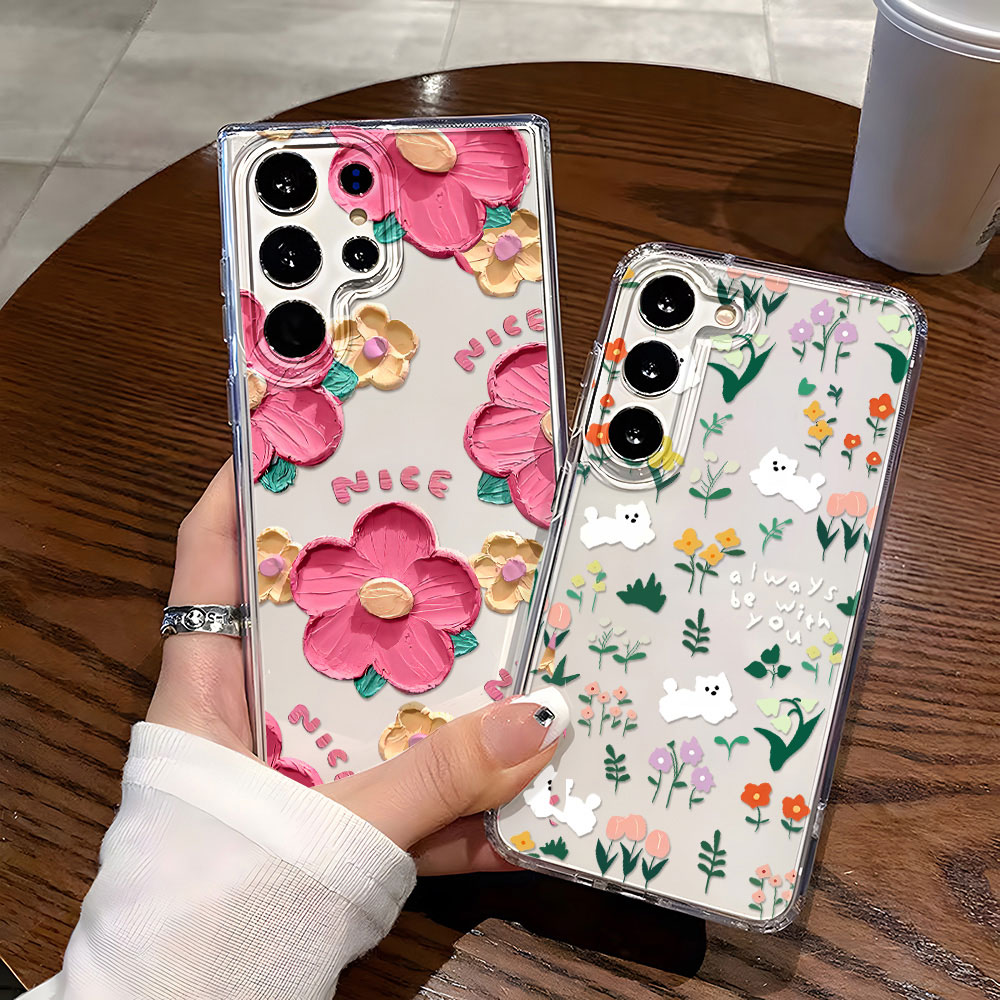 Flower Phone Case For S25 Ultra Funda S24 Plus S23 S22 S2S S20 FE Transparent Soft Silicon Shockproof Cover Coque