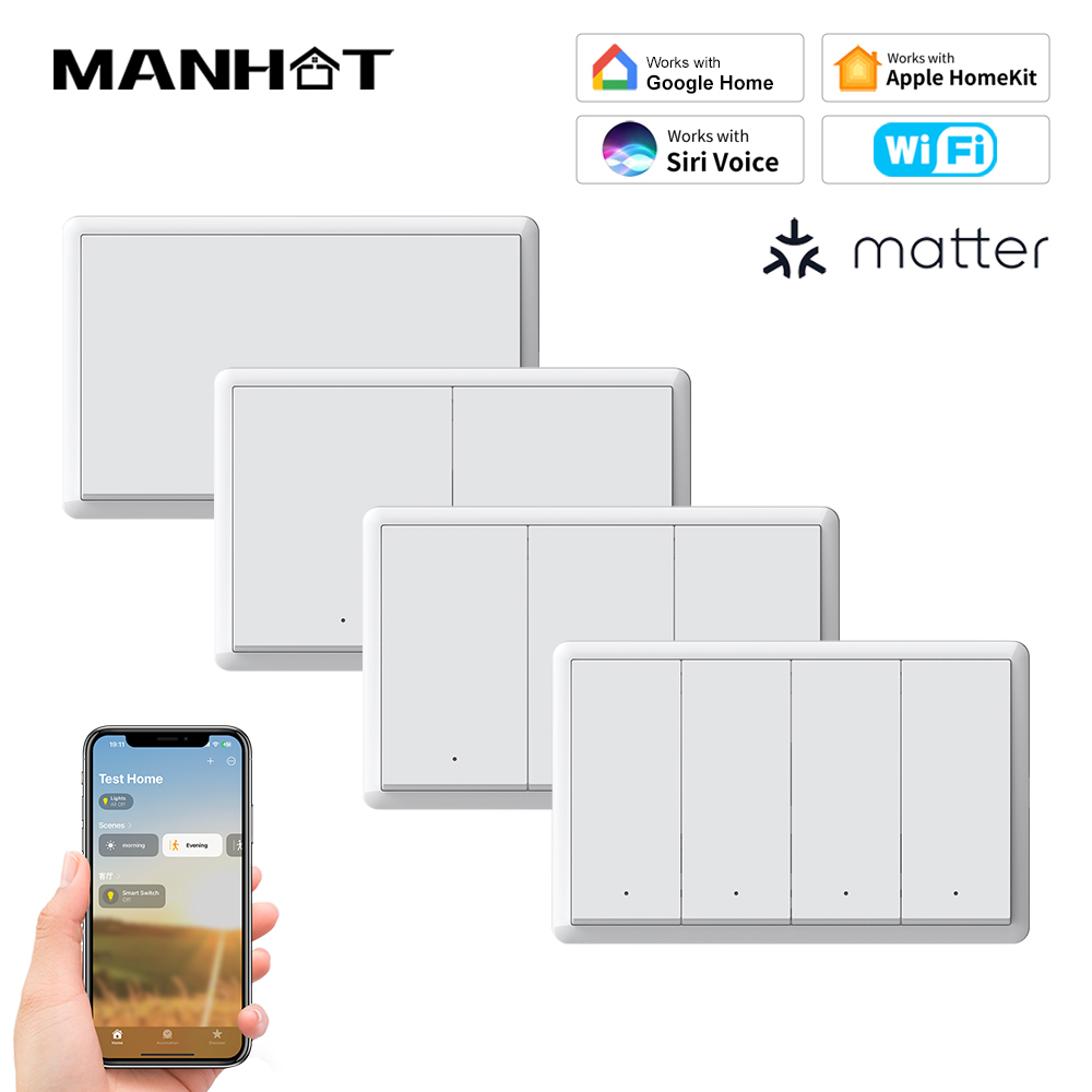 Manhot Matter WiFi Smart Wall Light Switch No Neutral& With Neutral US 1 2 3 4 Gang Physical Buttons Homekit Siri Voice Control lightify