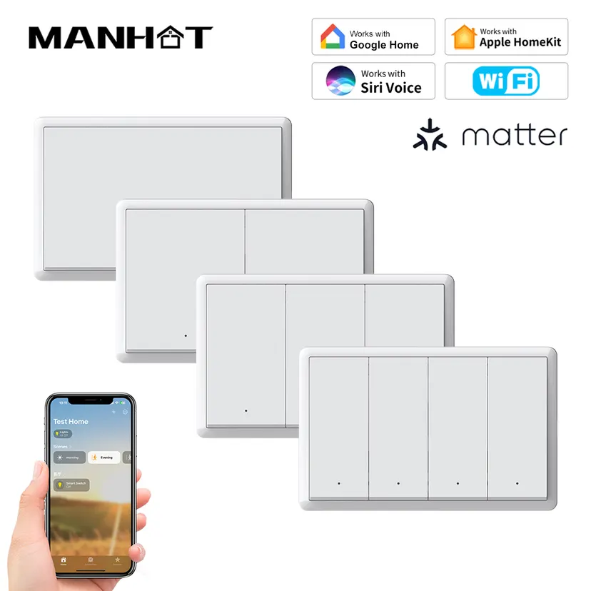 Manhot Matter WiFi Smart Wall Light Switch No Neutral& With Neutral US 1 2 3 4 Gang Physical Buttons Homekit Siri Voice Control lightify