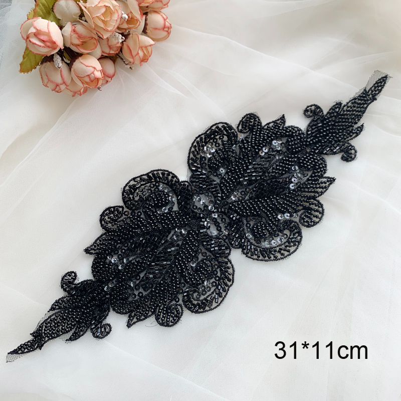 1Pieces.Black Off White Beaded Lace Patch Applique. DIY Haute Couture Wedding Dress Accessories .Headwear Flower.Sewing Patches
