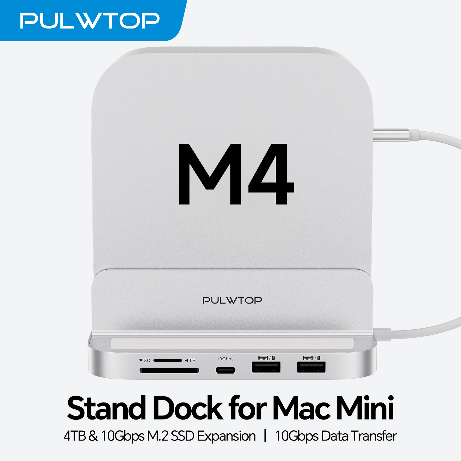 PULWTOP Mac Mini M4 Hub Stand with 4TB SSD Enclosure for Mac Mini M4/M4 Pro, with USB A/C 3.2, Audio Mic, SD/TF