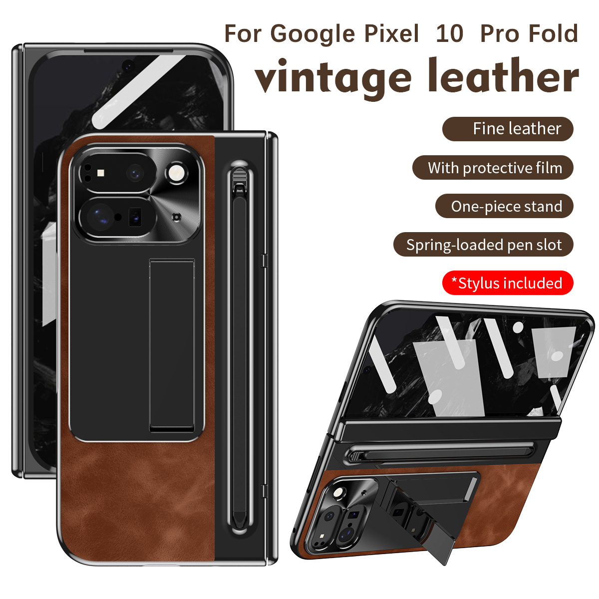 Touch Pen Business Leather Case for Google Pixel 10 Pro Fold 9 Pro Fold Cover Hinge Protector Glass Film Full Shockproof Cover