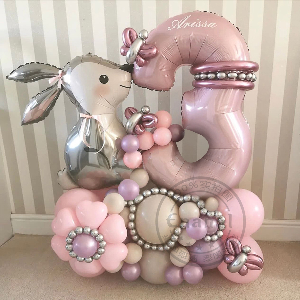 53pcs Easter Bunny Cartoon Rabbit Foil Balloons with Pink 40inch Number Ball Set Child Girls 1st Birthday Party Baby Shower Deco
