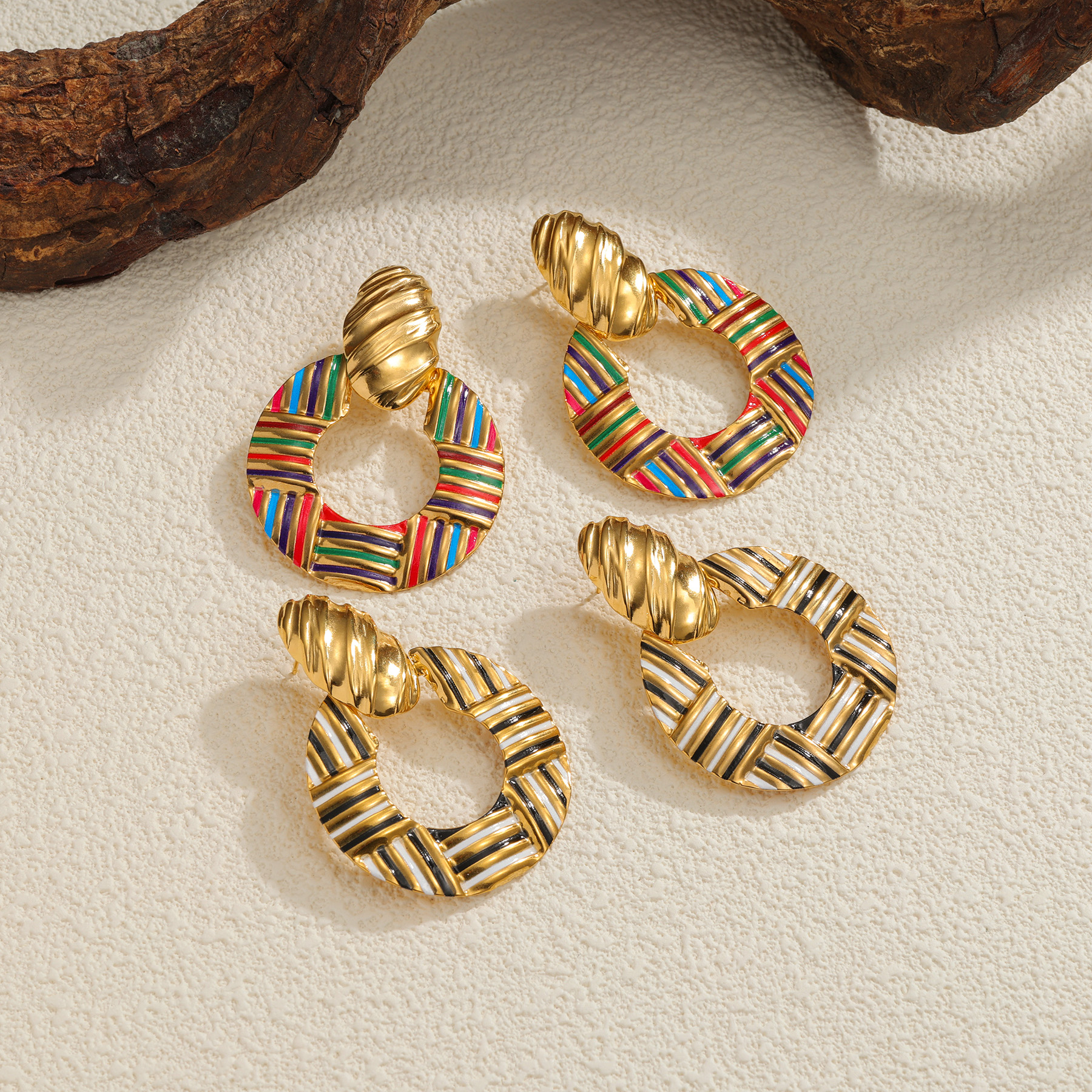 Kissmoon Trendy Woven Striped Texture Hoop Colorful Enamel Twisted Stainless Steel Earrings for Women Party Daily Jewelry s