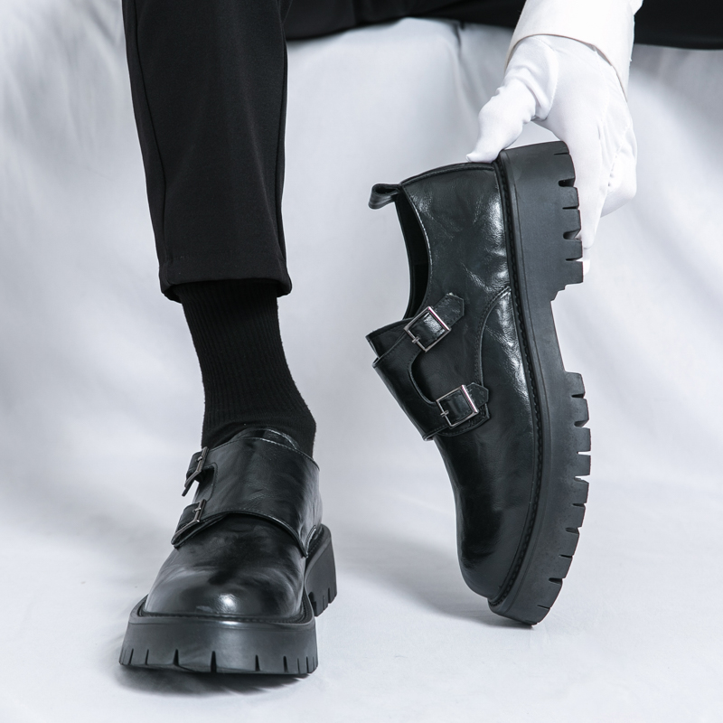New Men's Grasp Leather Derby Shoes British Platform Buckle Leather Shoes with High and Low Top Casual Shoes for Men
