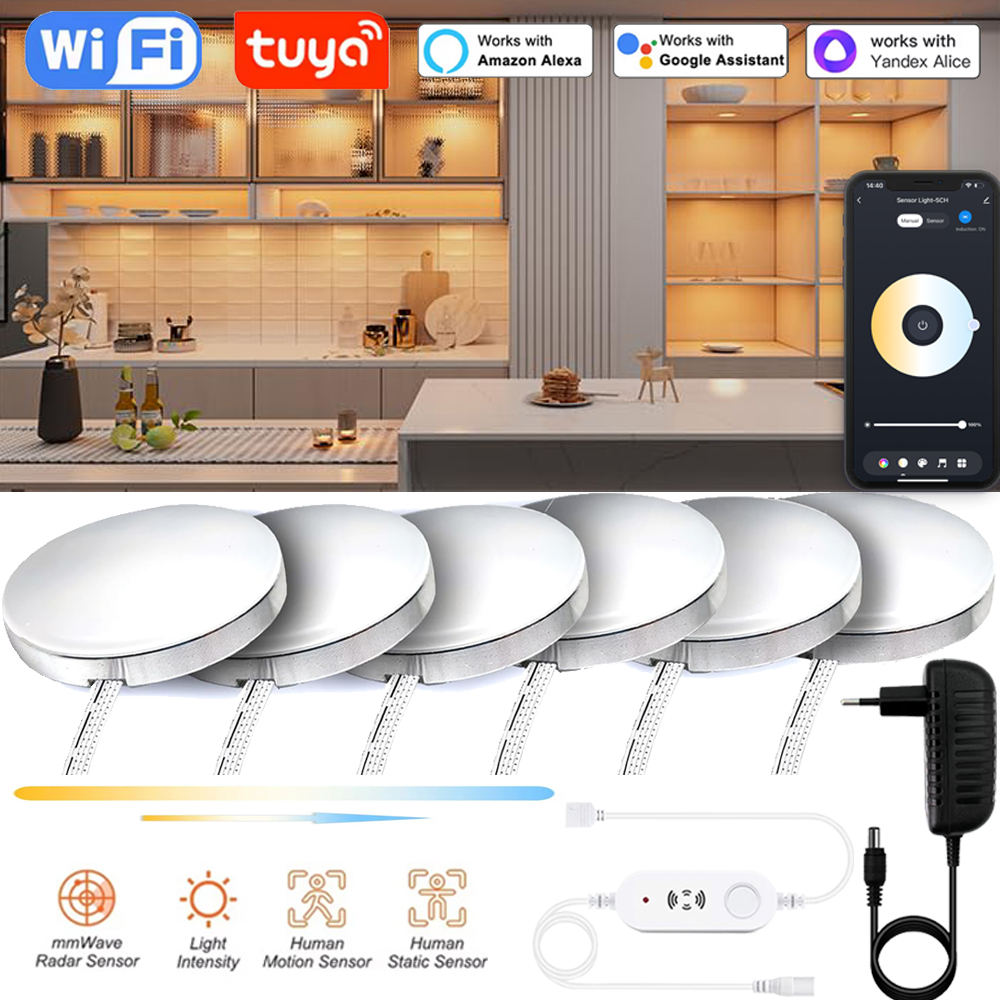 Tuya Wifi DC12V CCT Under Cabinet Lighting Dimmable Warm+White Human Presence Motion Sensor Kitchen Closet Lighting for Alexa