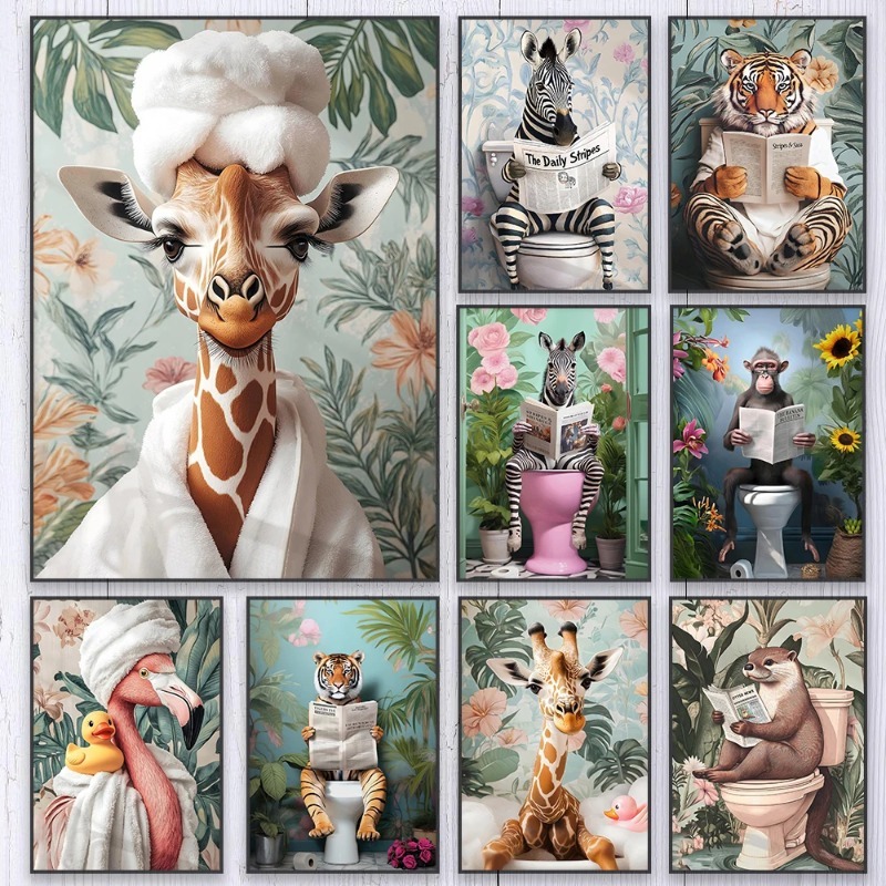 Zebra Giraffe Bathroom Canvas Poster Funny Tiger Reading Newspaper Animal Plant Wall Art Print for Modern Toilet Home Decor