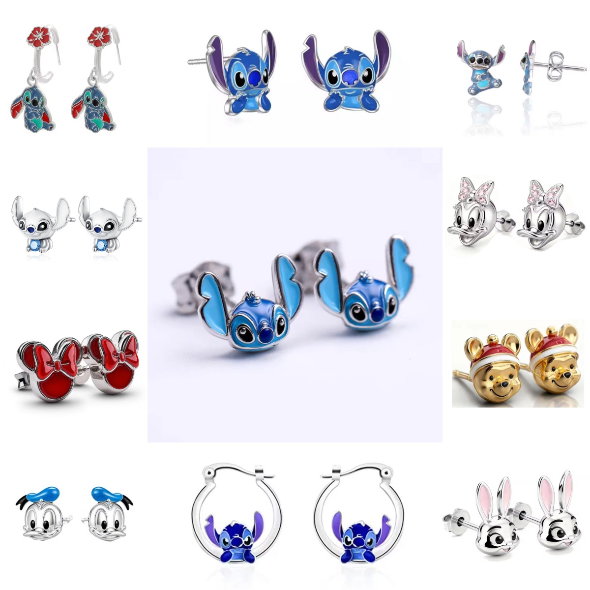 26 Silver Cute Cartoon Earrings Blue Alien Creature Bow Bear Rabbit Drip Oil Earrings Suitable for Women's Jewelry Accessories