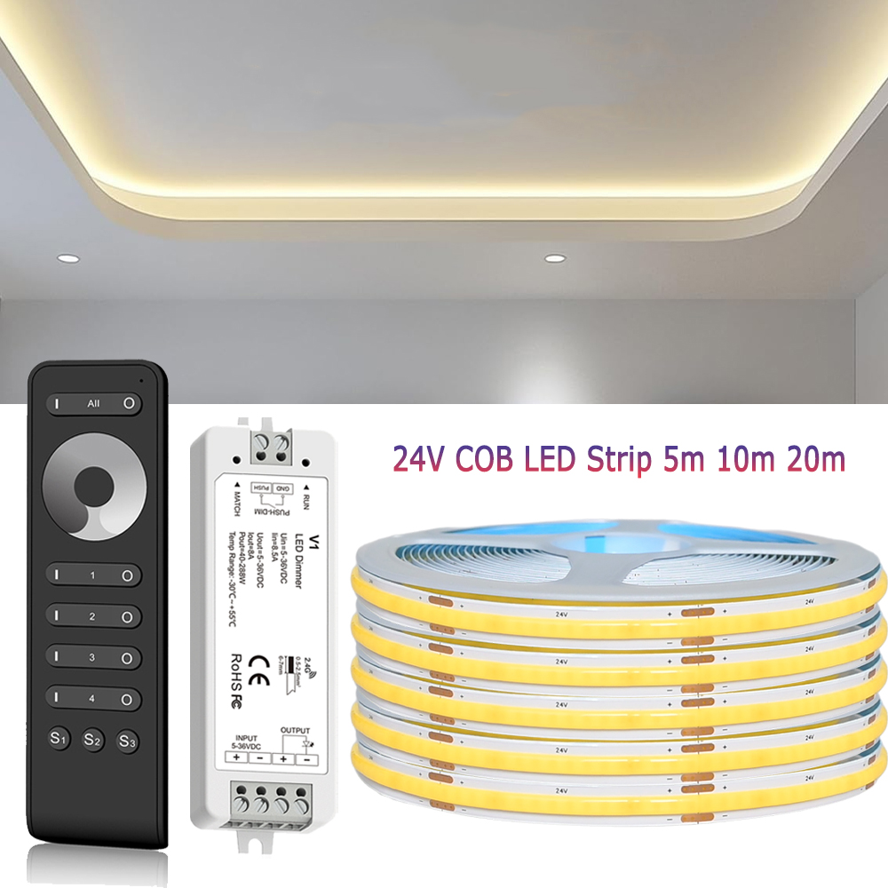 10M 20M Tuya WiFi COB CCT LED Strip 24V Dual White Room Light 2700-6500K 2.4G RF Dimming Touch Remote f Alexa SmartThings