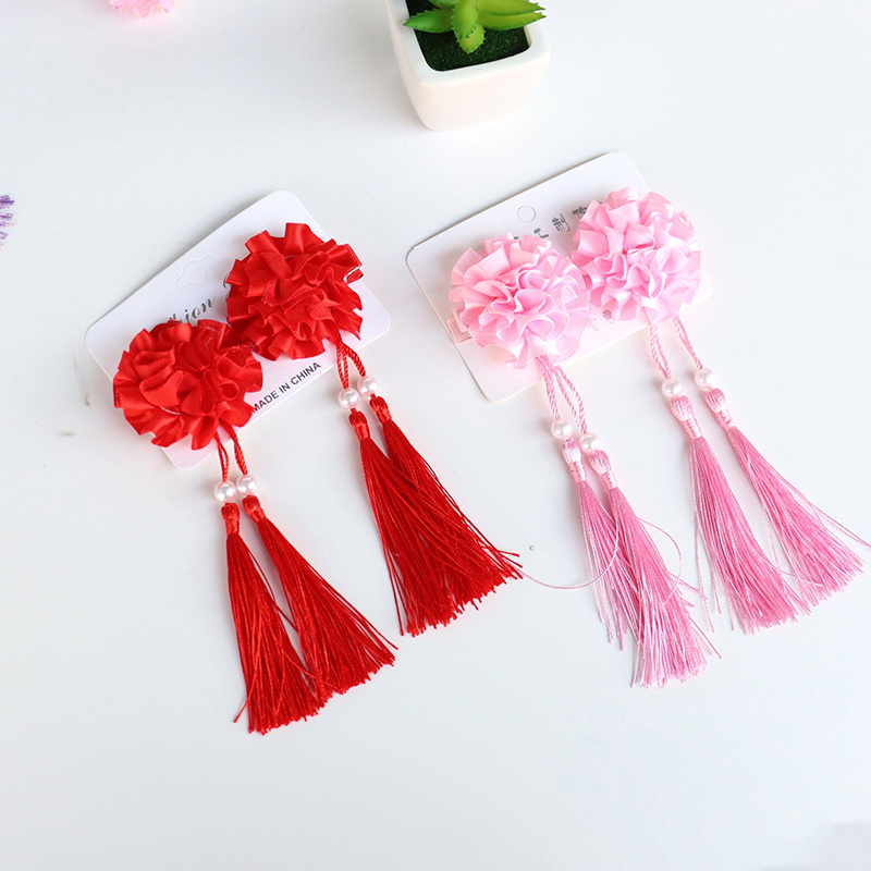 2PCS New Chinese Flower Tassel Hairpins Children Sweet Cute Headwear Girls Clips Barrettes Hairgrips Hair Accessories