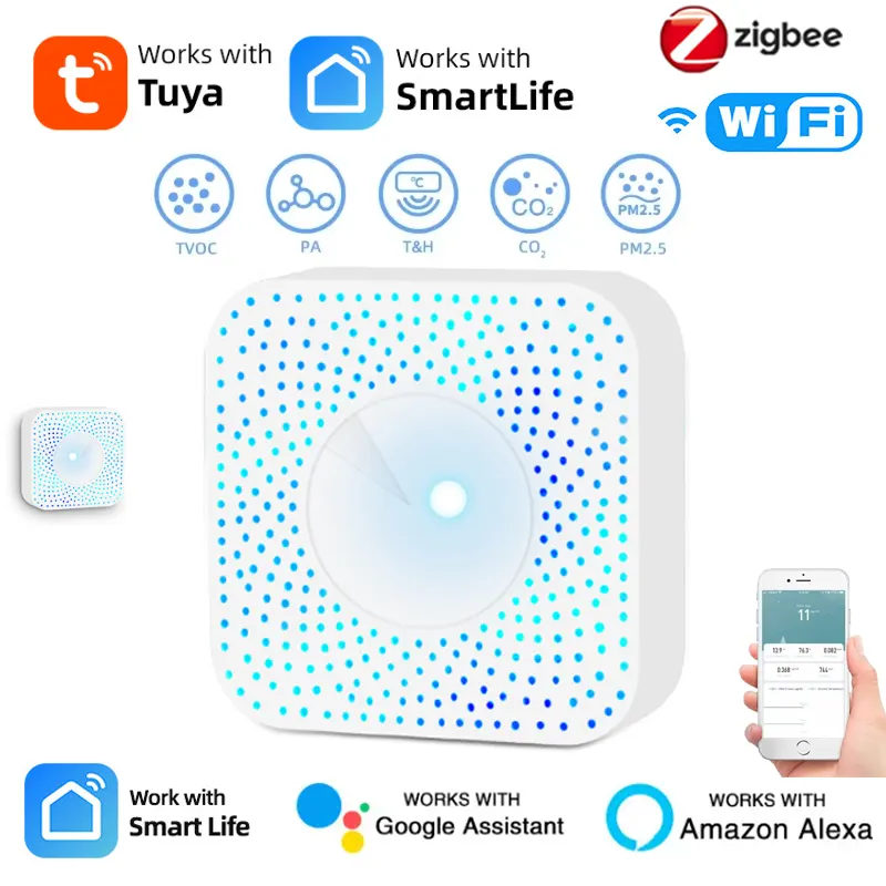 Tuya ZigBee/WiFi Air Quality Detector PM2.5 Formaldehyde VOC CO2 Temperature Humidity 6IN1 Smart Air Box Sensor Via Alexa