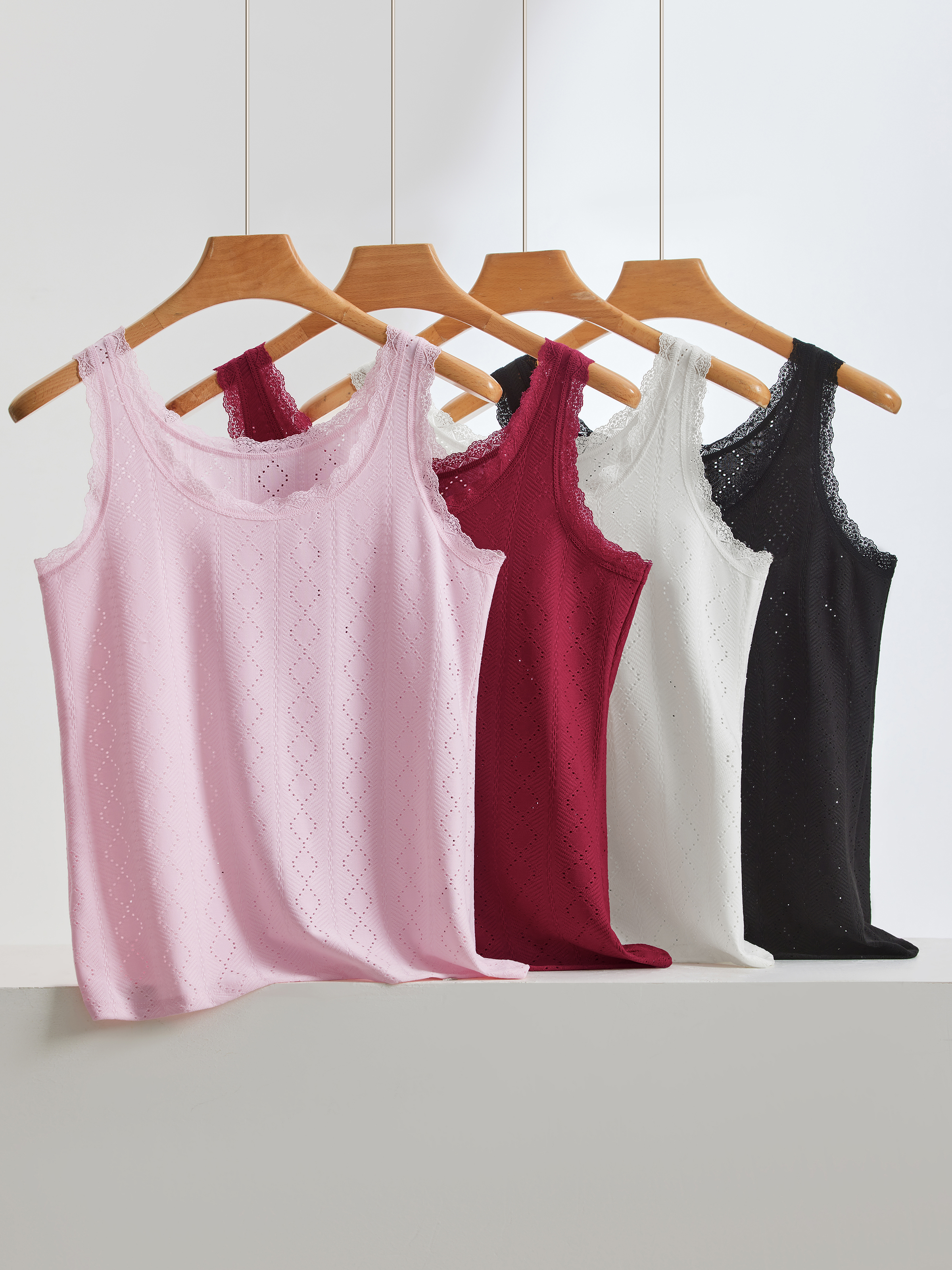 Lace-Trimmed Vest, Summer Hollow-Out Breathable Women's Solid Color Vest, Comfortable Base Layer Top