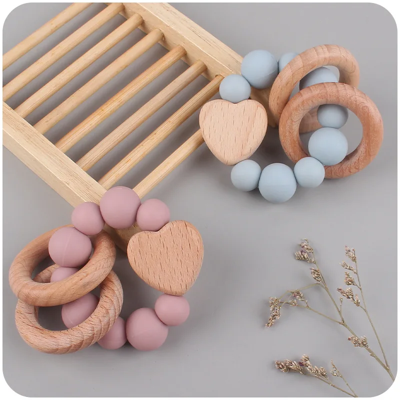 Natural Beech Wood Silicone Baby Teether BPA Free Food Grade Safe Teething Toy with Pacifier Chain for Newborns