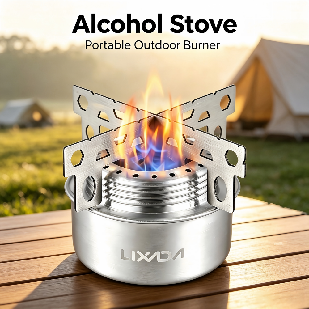 Portable Mini Camping Stove with Foldable Stand, Compact Stainless Steel Furnace for Outdoor Picnic Cooking