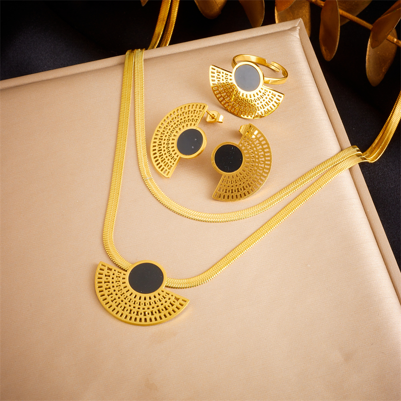 DIEYURO 316L Stainless Steel Vintage Half Round Necklace Earrings Ring For Women Girl New Party Fashion Jewelry Set Bijoux
