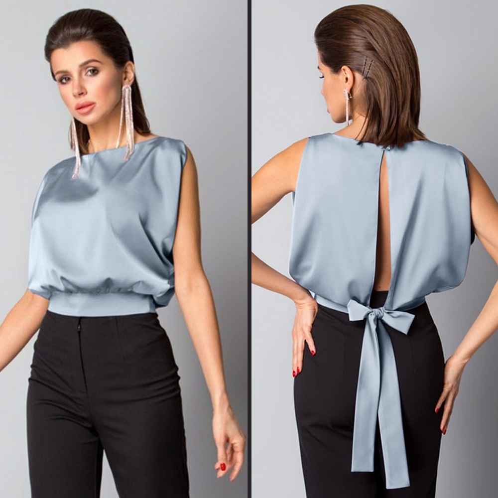 New Summer Clothes Women Solid Backless Lace Up Bow Satin Top Sleeveless Back Hollow Out Round Neck Elegant Shirt