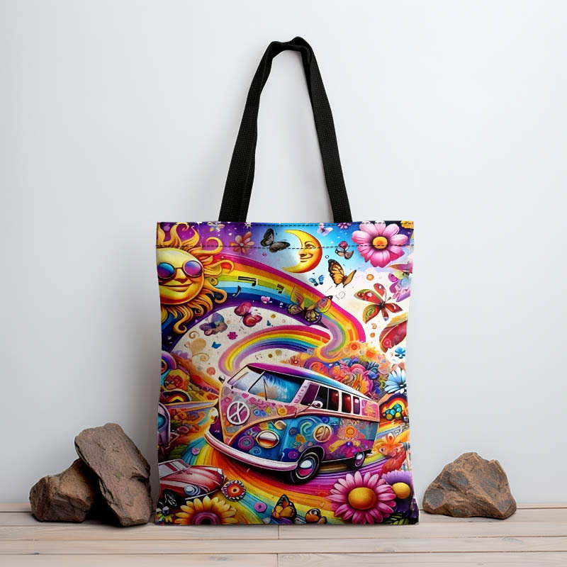 1pc Colorful Rainbow Bus Tote Bag with Sun, Moon Flowers & Butterflies Lightweight Shopping Bag for Women Shopping Shoulder Bag
