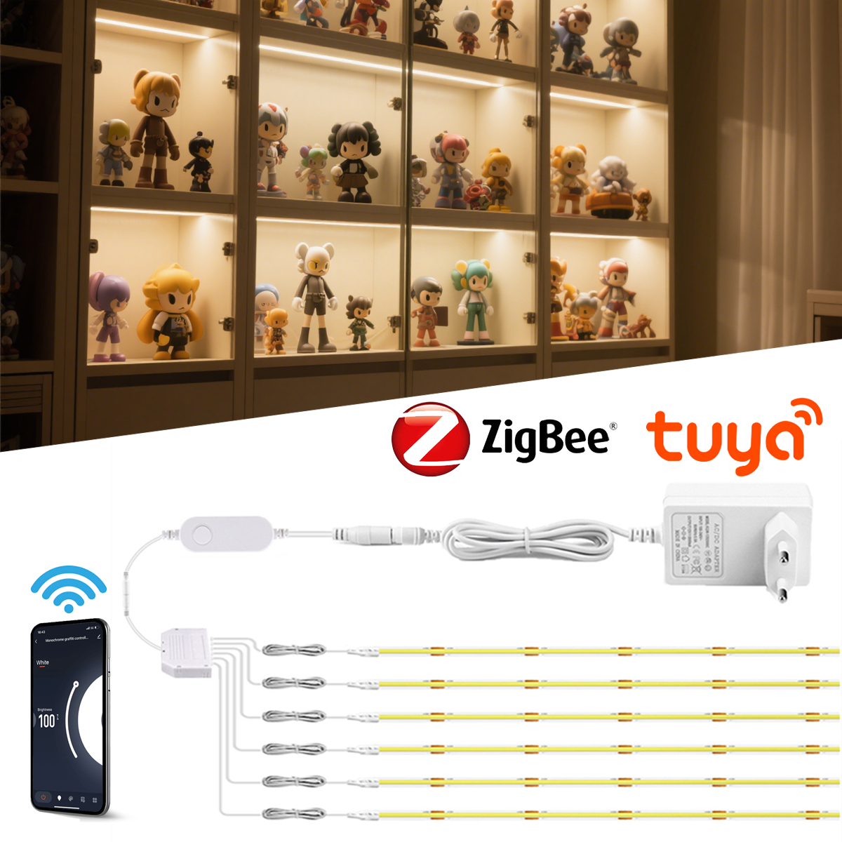 12V Smart Zigbee COB LED Strip Light Ra90 1-6pcs Lamp Tape for Wardrobe Kitchen Cabinet Lighting, Tuya APP Voice Control lightify